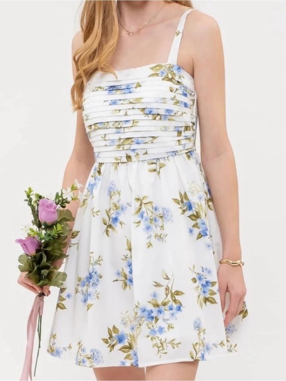 Altar'd State White Floral Mini Dress with Blue Floral Print